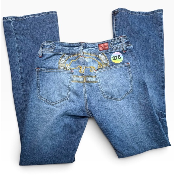 Ecko Red Denim - Ecko Red Denim Foundry Y2K Bootcut Jeans Blue Embroidered Rhino Logo Size 5